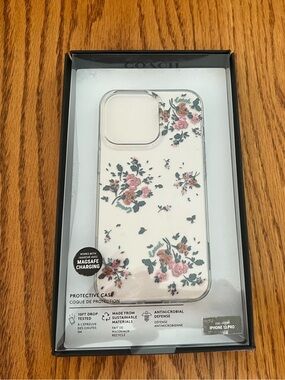 Coach Clear Floral iPhone 13 Pro Case with Pink Roses and Green Leaves